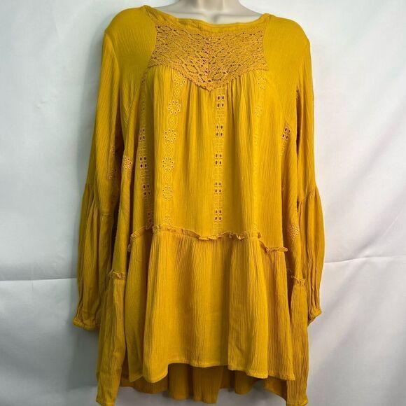 Adiva Mustard Gold Ruffled Boho Long sleeve tunic gauze top - Picture 1 of 16